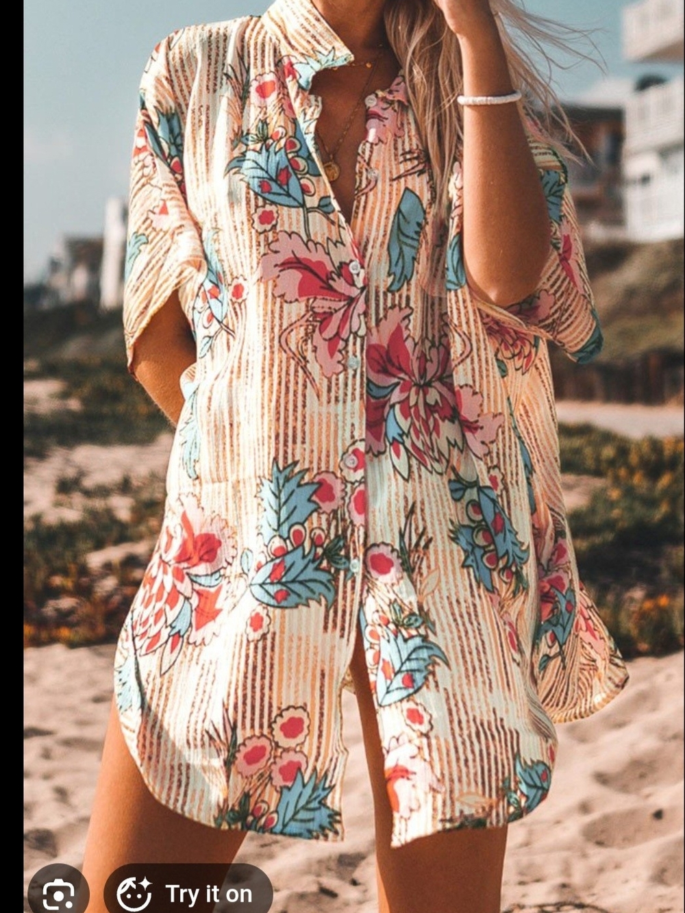 Cupshe Cream Floral Stripe Button-Front Tunic Size Small